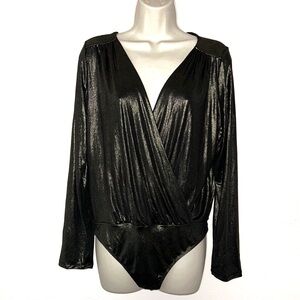 Sleek Metallic Black Wrap Bodysuit
